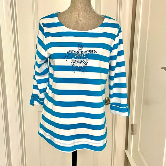 Palm Grove Tops - 🌸🌸SALE! 4 FOR $20!PALM GROVE Teal&White Stripe Jeweled Turtle 3/4 Slv Top SzS